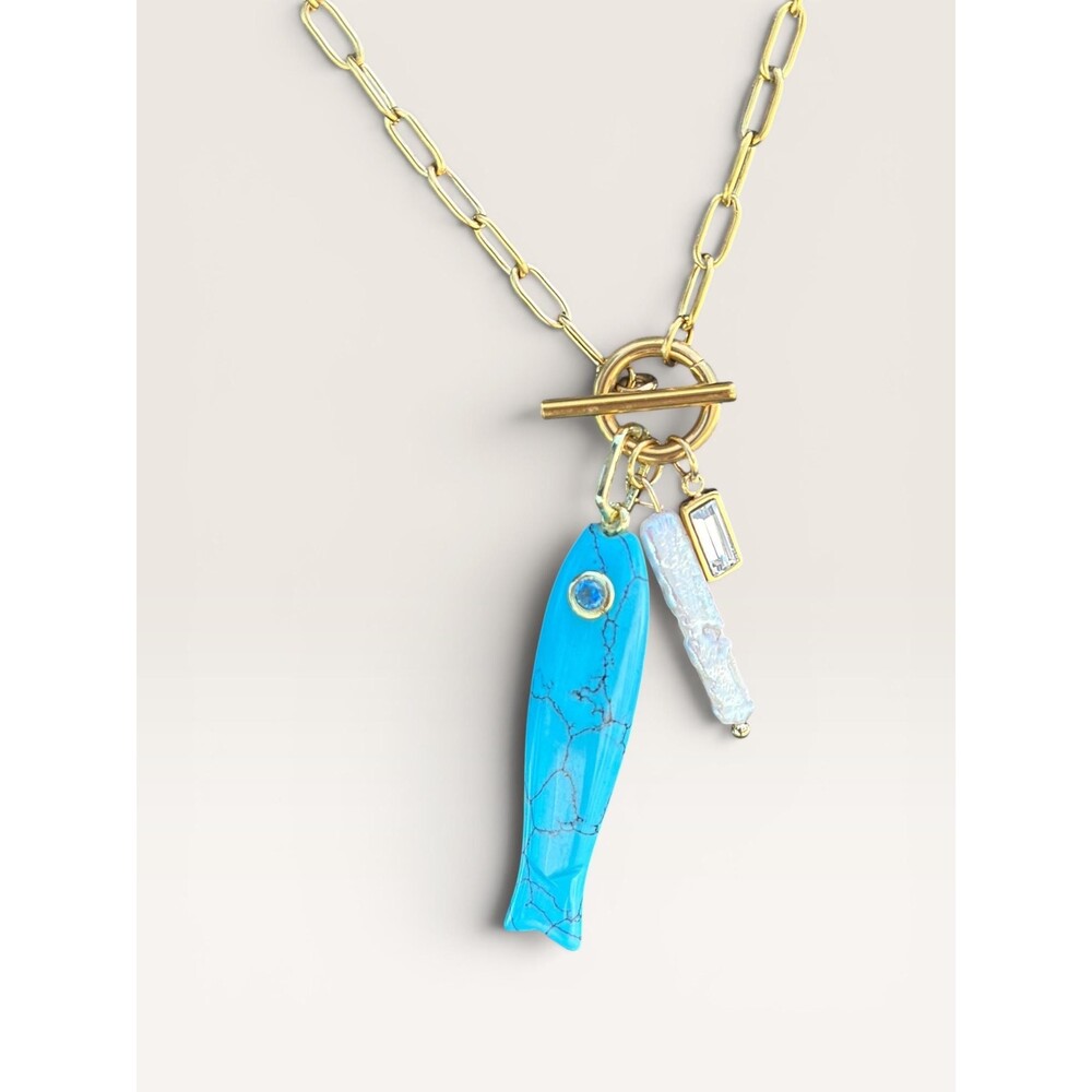 Viral Fish Charm and Pearl Necklace on Paperclip Gold Chain Turquoise  Gemstone - Picture 2 of 3
